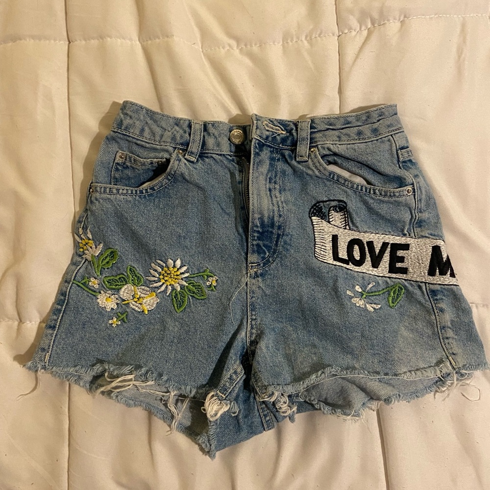 Topshop Blue Embroidered Jean Shorts